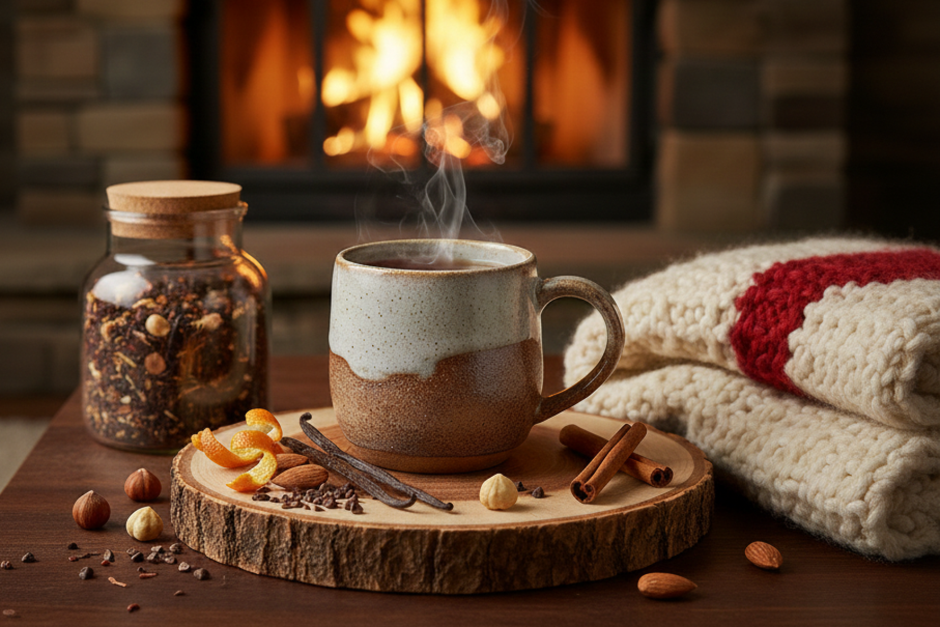 A steaming mug of Fireside Brew tea sits on a dark wood table beside a cozy, crackling stone fireplace.